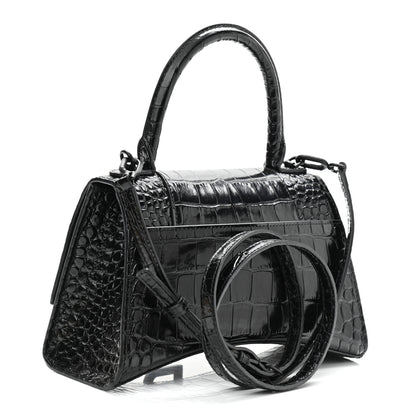 Balenciaga Shiny Calfskin Monochrome Crocodile Embossed Small Hourglass Top Handle Bag Black 3 of 11