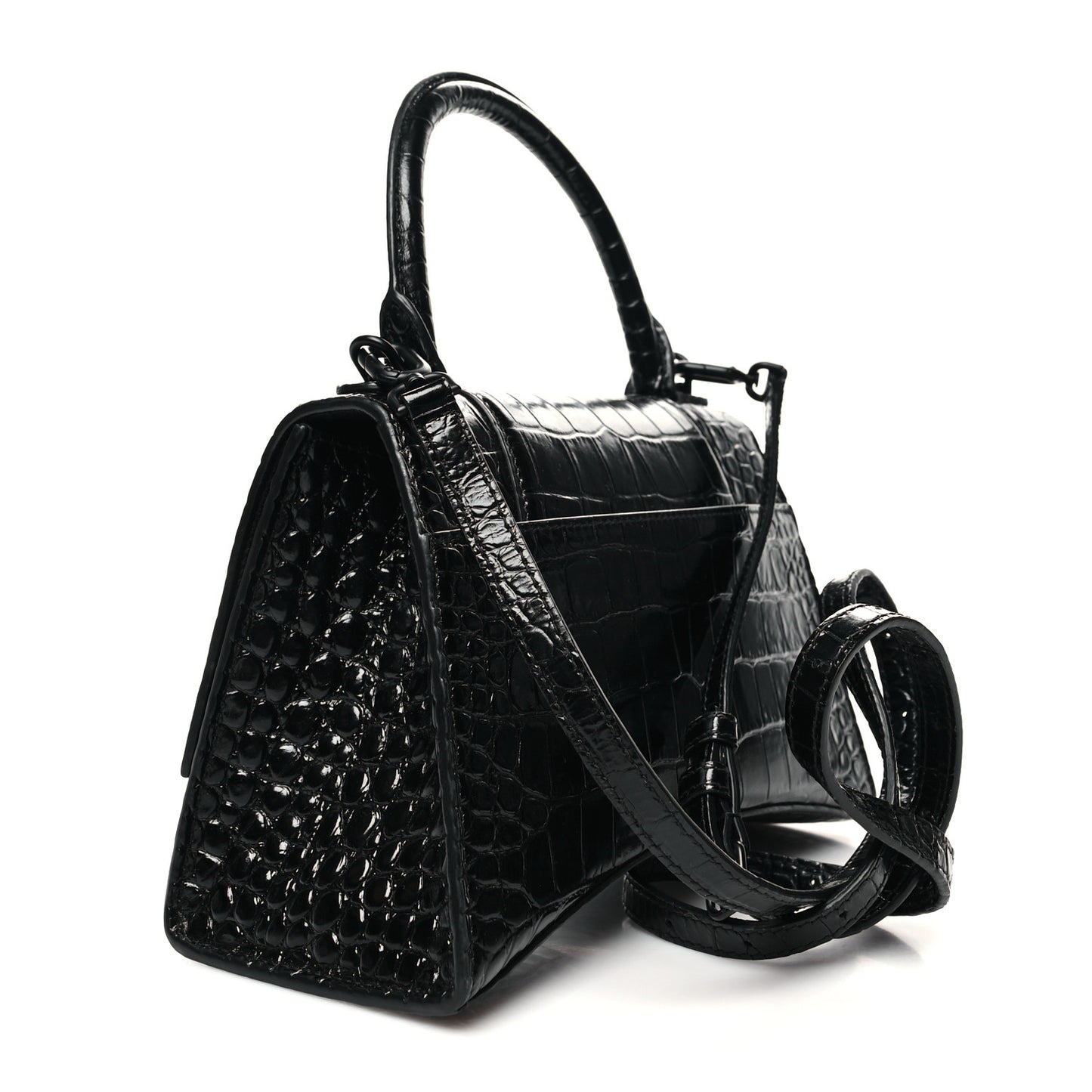 Shiny Calfskin Monochrome Crocodile Embossed Small Hourglass Top Handle Bag Black