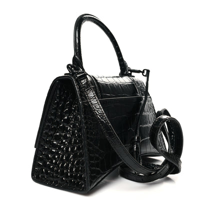 Balenciaga Shiny Calfskin Monochrome Crocodile Embossed Small Hourglass Top Handle Bag Black 3 of 11