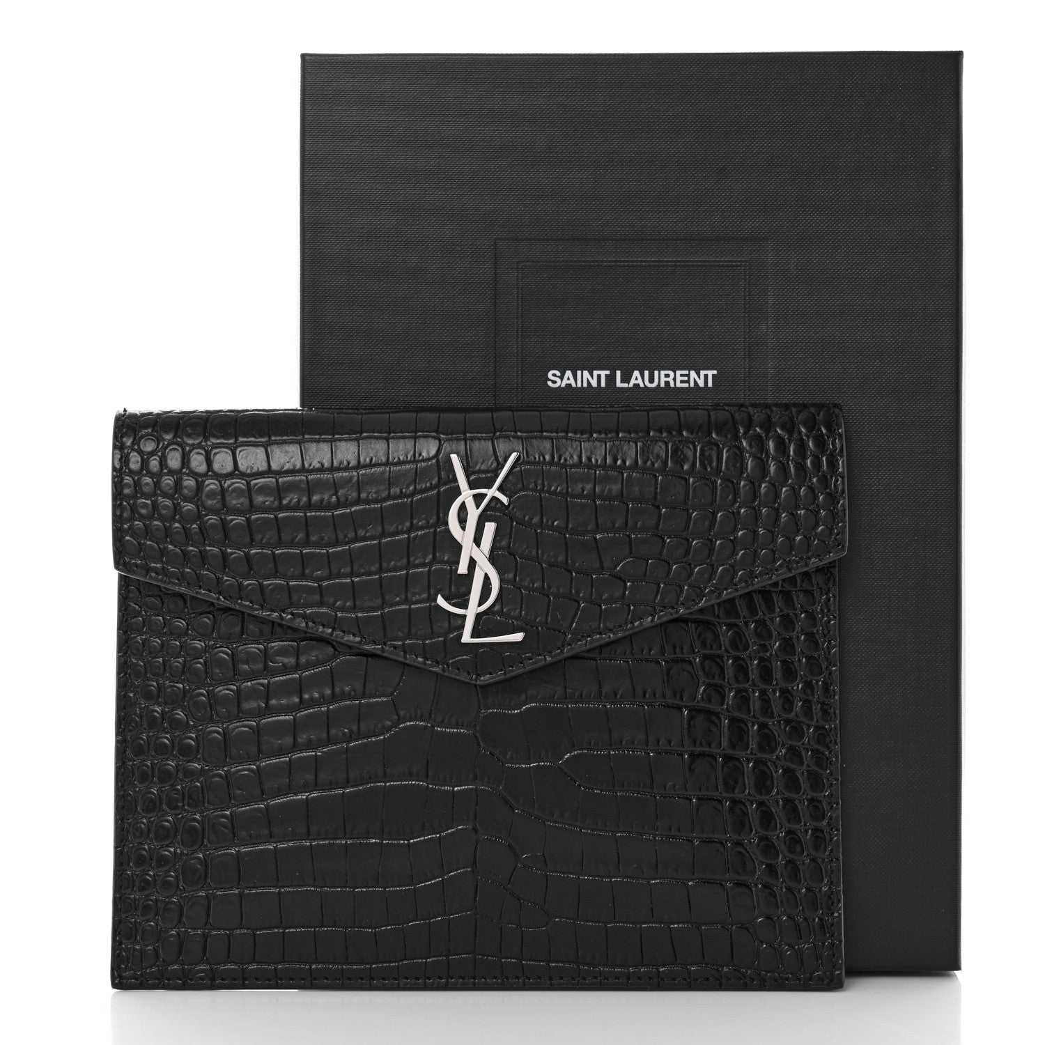 Saint Laurent Calfskin Crocodile Embossed Monogram Uptown Baby Pouch Black 8 of 8