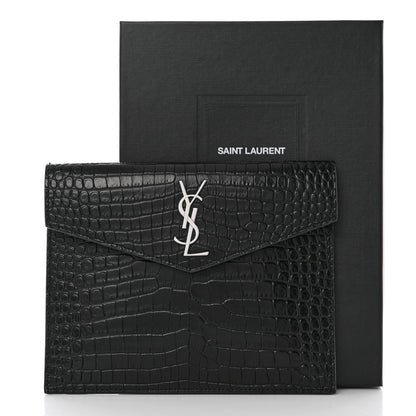 Saint Laurent Calfskin Crocodile Embossed Monogram Uptown Baby Pouch Black 8 of 8