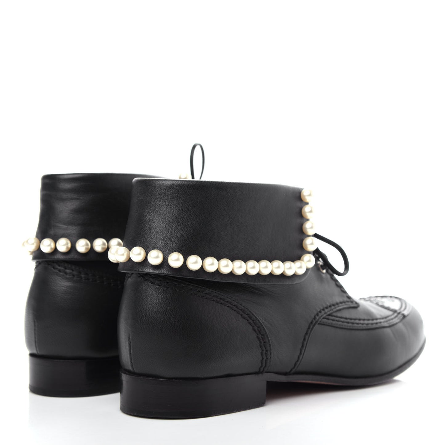Lambskin Patent Calfskin Pearl Lace Up Boots 37.5 Black