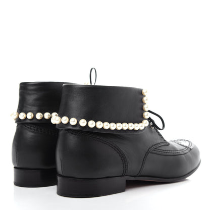 Chanel Lambskin Patent Calfskin Pearl Lace Up Boots 37.5 Black 4 of 10