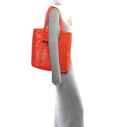 Prada Yarn Raffia Effect Crochet Logo Embroidered Tote Bag Arancio 2 of 9