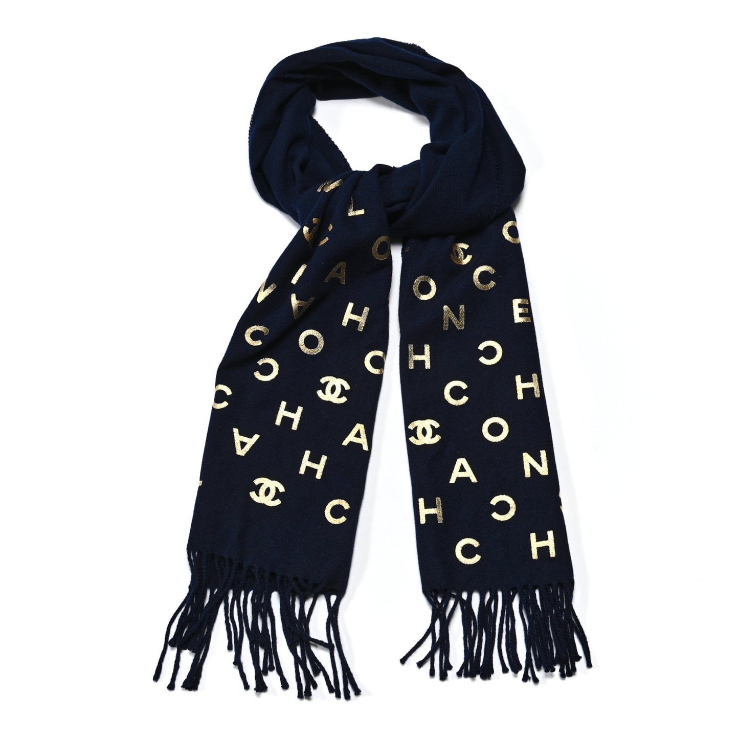 Cashmere Silk CC Letters Fringe Scarf Navy Blue Gold