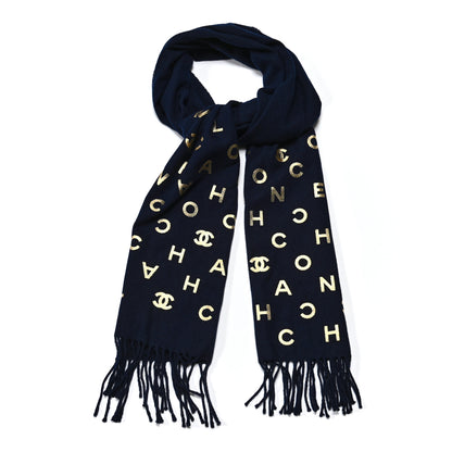 Chanel Cashmere Silk CC Letters Fringe Scarf Navy Blue Gold 1 of 3