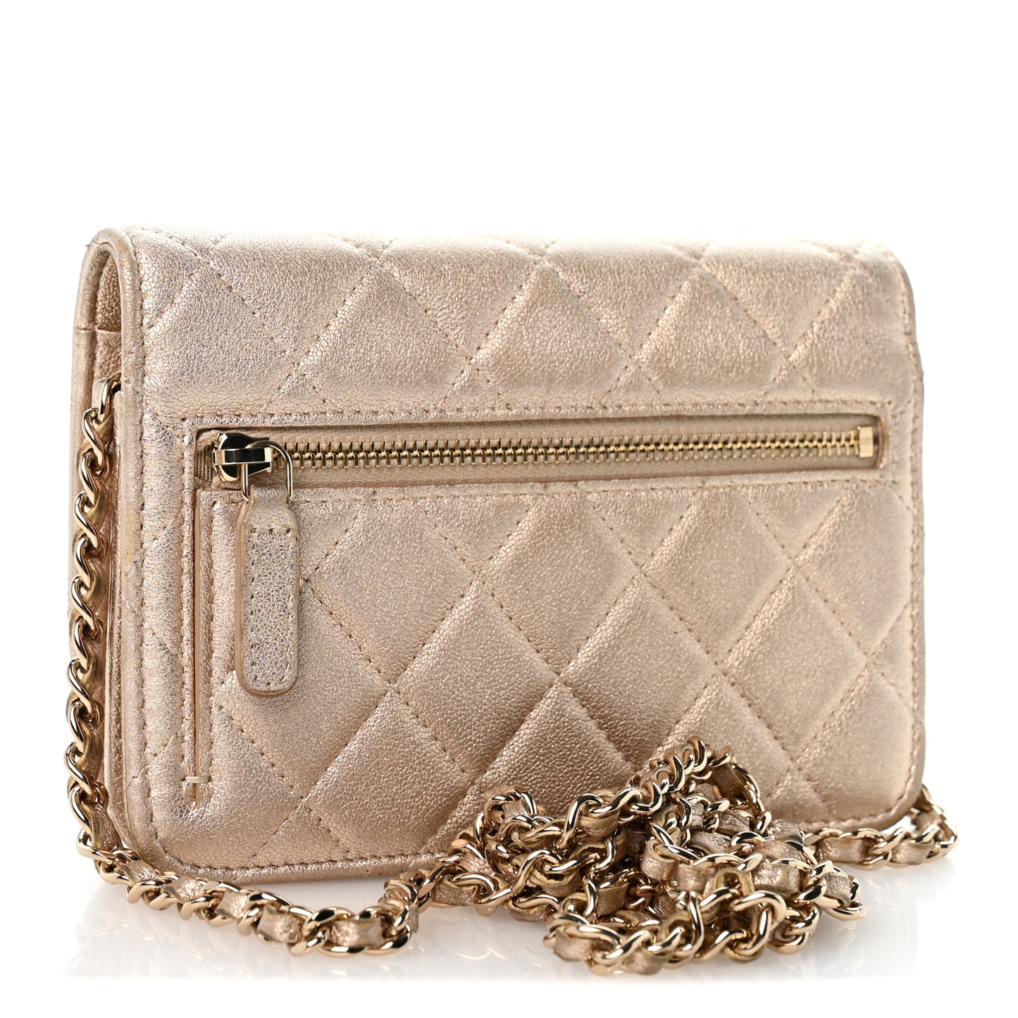 Metallic Lambskin Quilted Mini Wallet On Chain WOC Gold