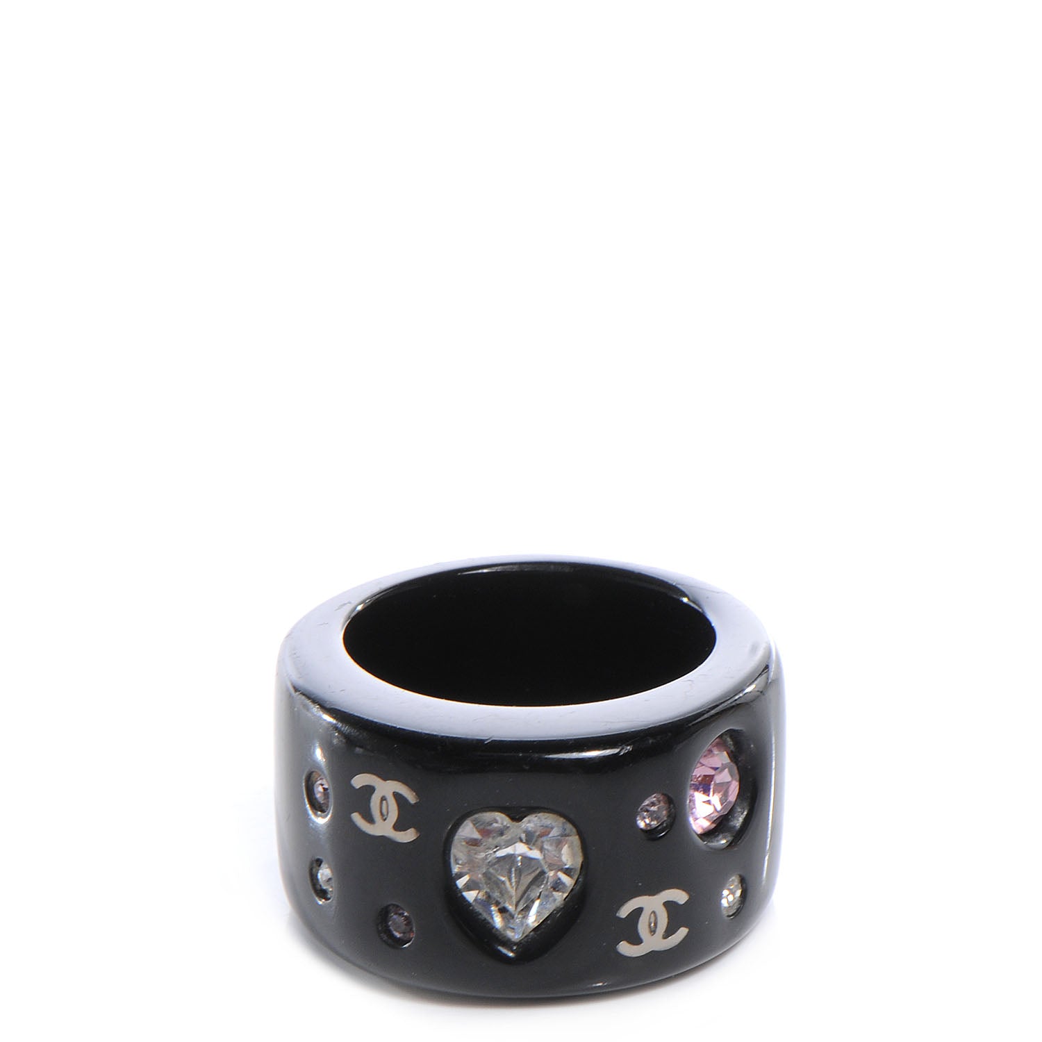 Chanel Resin Crystal Heart CC Heart Ring Black 7 1 of 4