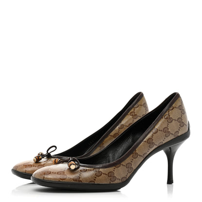 Gucci Crystal Monogram Bow Pumps 9 Beige Ebony Cocoa 3 of 10