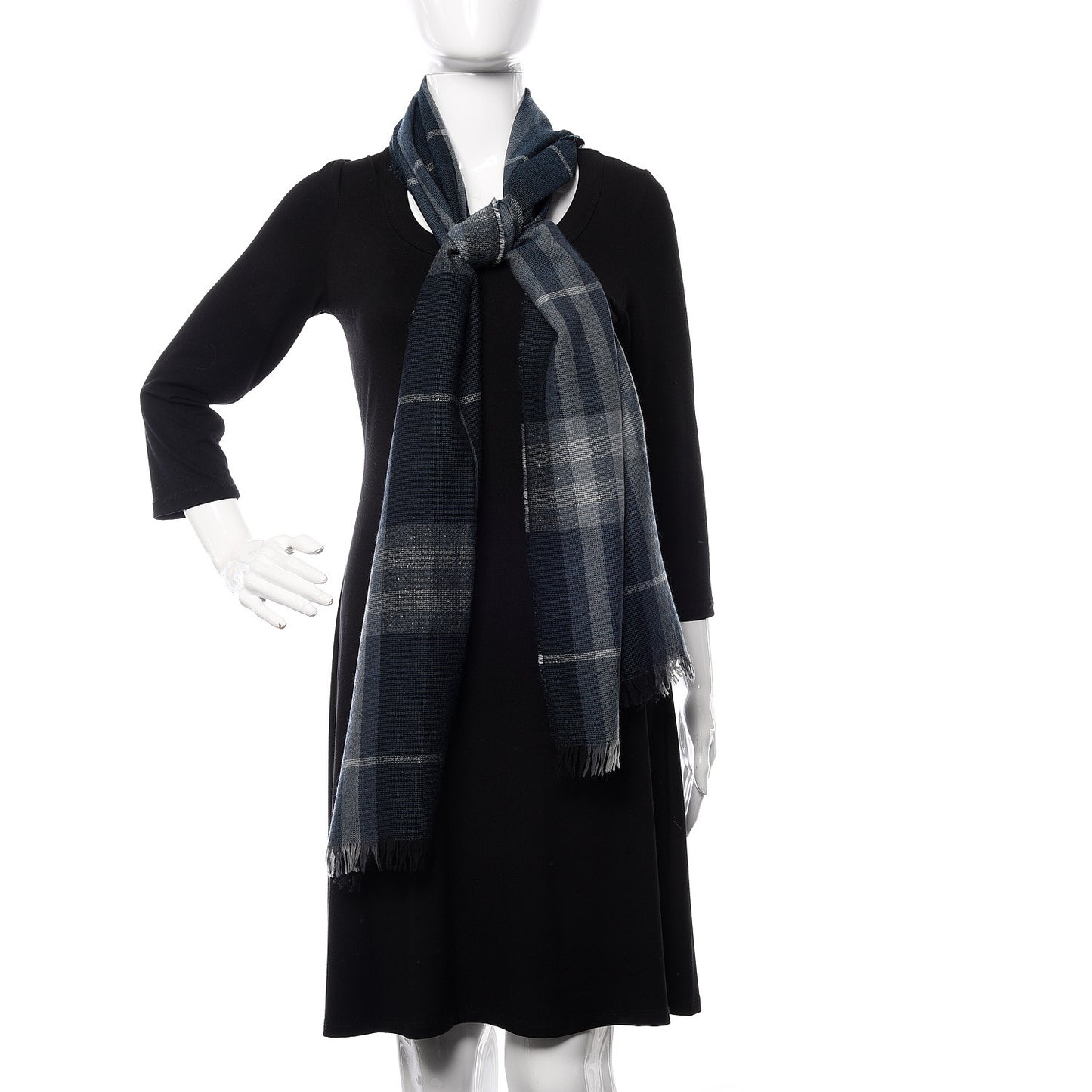 Merino Wool Cashmere Giant Check Lightweight Scarf Dark Navy