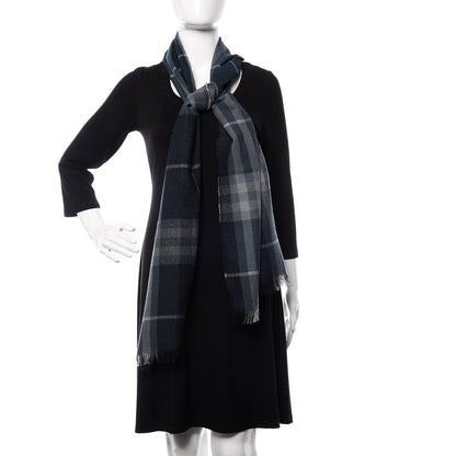 Burberry Merino Wool Cashmere Giant Check Lightweight Scarf Dark Navy 2 of 5