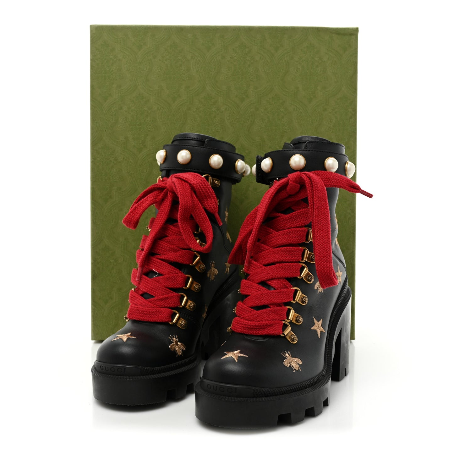 Calfskin Embroidered Lace Up Combat Ankle Boots 35.5 Black