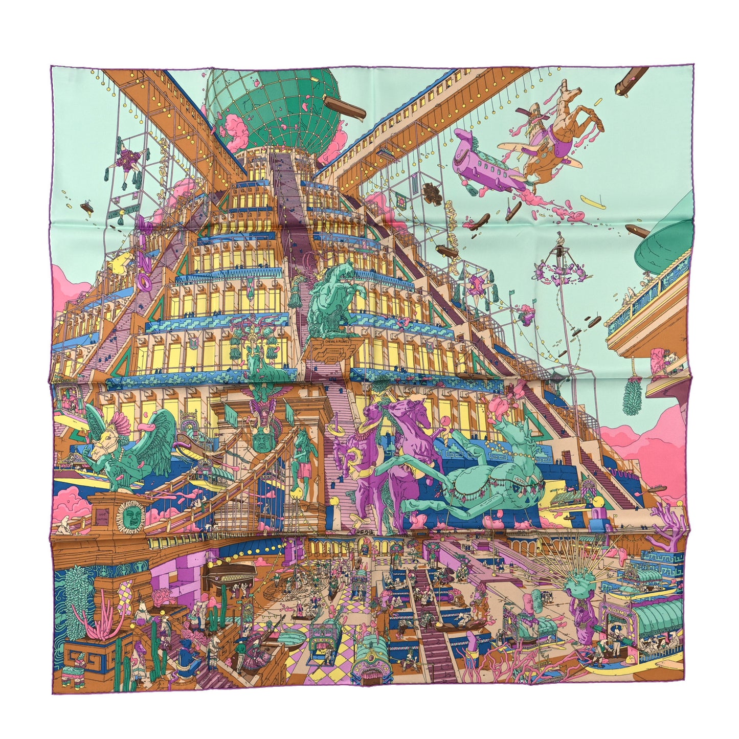 Silk La Legende Du Cheval Scarf 90 Mauve Aqua Camel