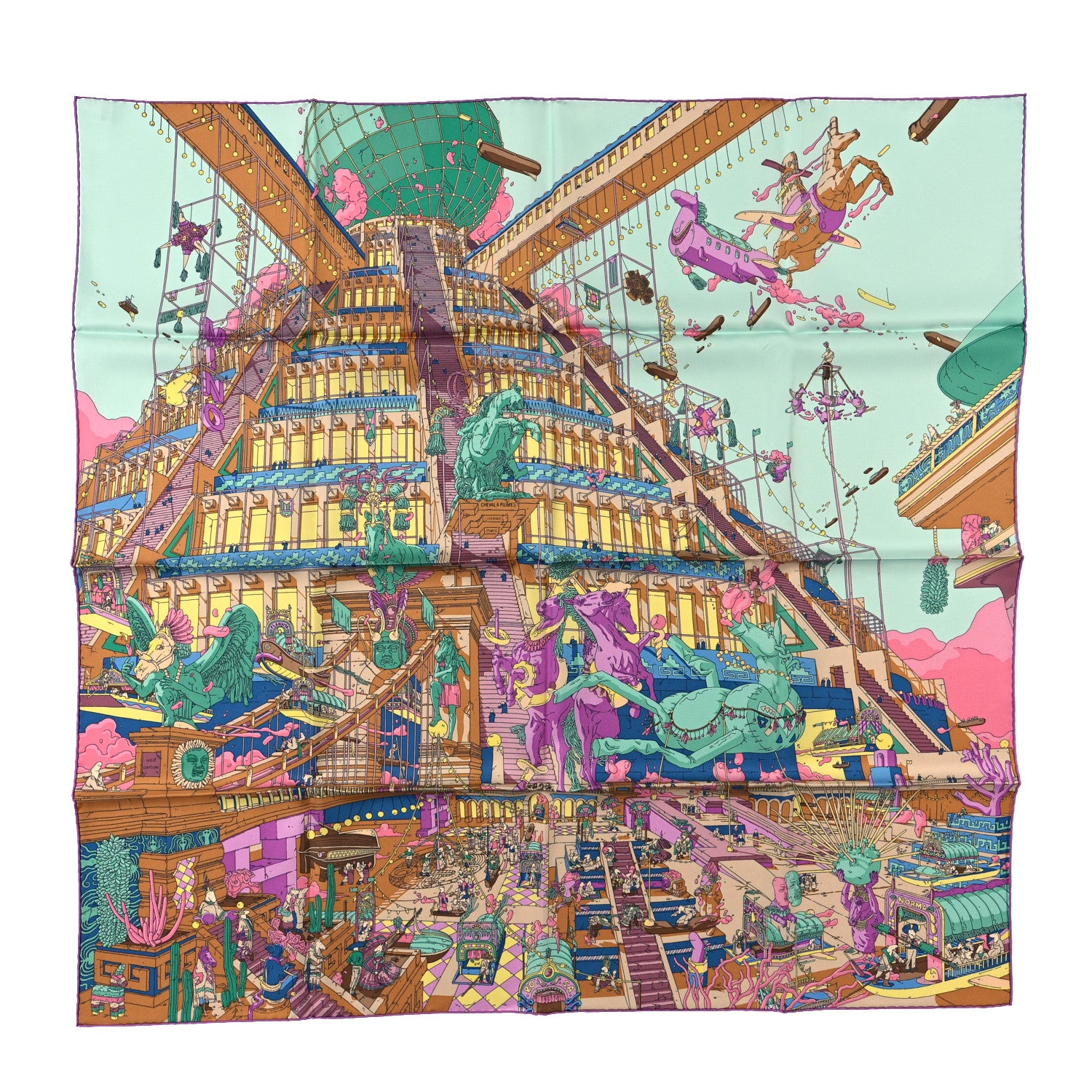 Hermes Silk La Legende Du Cheval Scarf 90 Mauve Aqua Camel 1 of 3