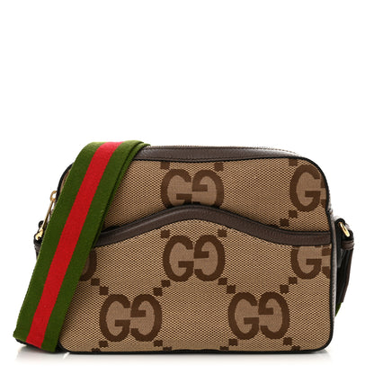 Gucci Monogram Jumbo GG Textured Dollar Calfskin Web Messenger Shoulder Bag Camel Ebony New Acero 1 of 10