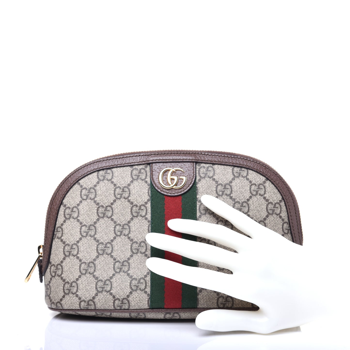 GG Supreme Monogram Textured Calfskin Web Large Ophidia Cosmetic Case Beige Ebony New Acero
