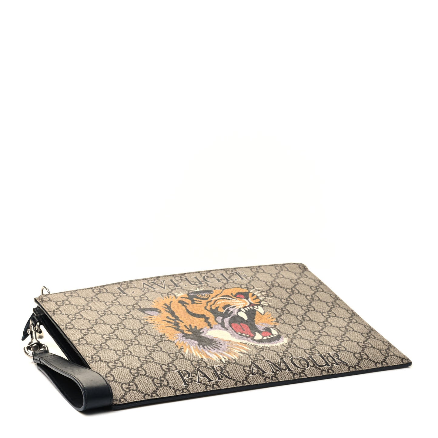 GG Supreme Monogram Tiger Zip Wristlet Pouch Beige