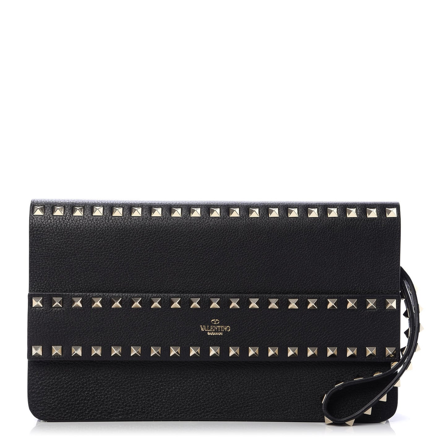Pebbled Calfskin Rockstud Side Slip Wristlet Clutch Black