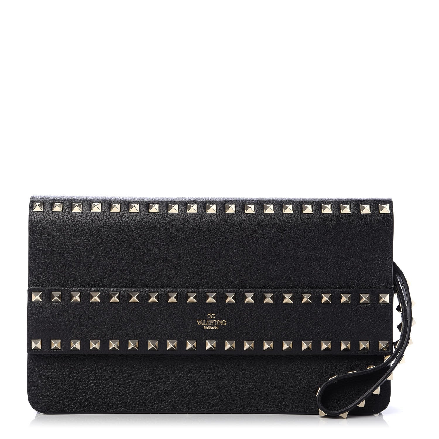 Valentino Garavani Pebbled Calfskin Rockstud Side Slip Wristlet Clutch Black 1 of 9