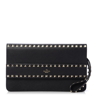 Valentino Garavani Pebbled Calfskin Rockstud Side Slip Wristlet Clutch Black 1 of 9