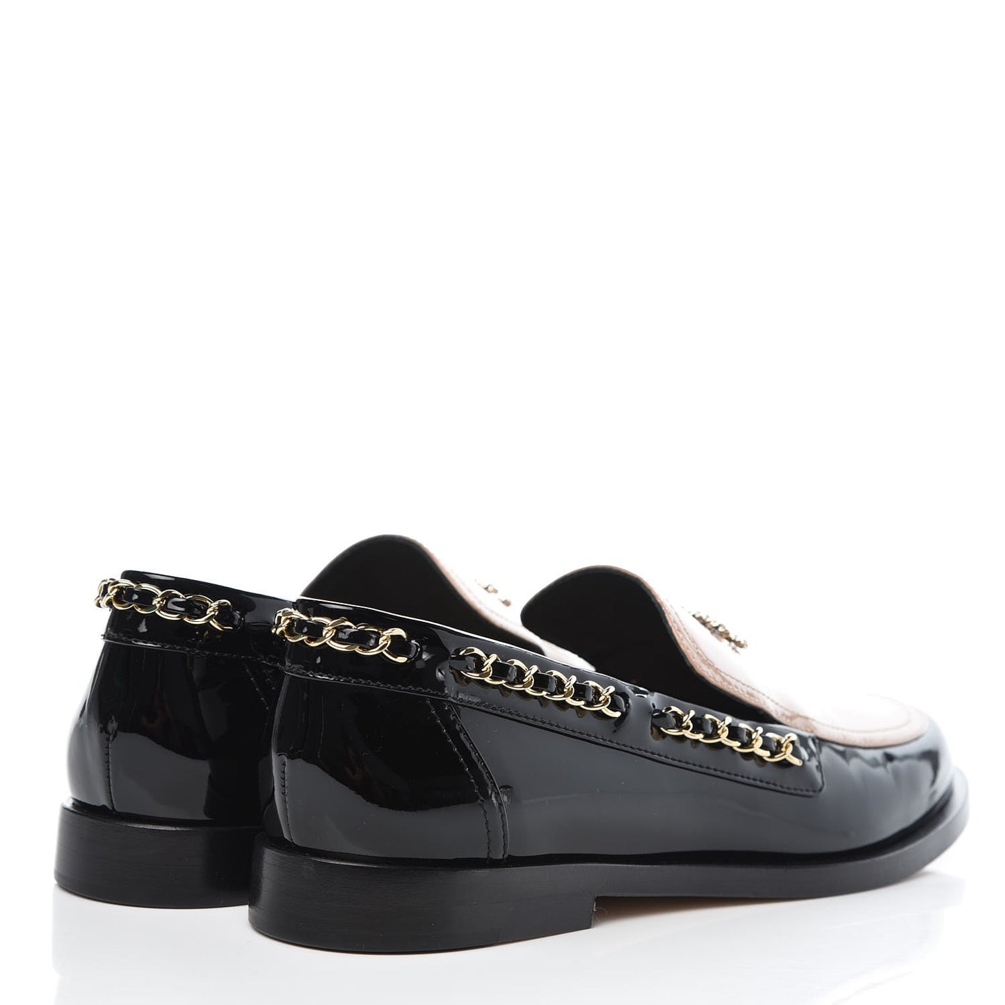 Patent Calfskin CC Chain Mocassin Loafers 39 Black Beige