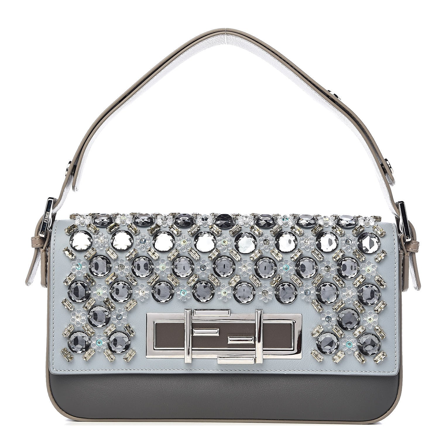 Fendi Vitello Dolce Crystal 3Baguette Shoulder Bag Blue Grey 1 of 10