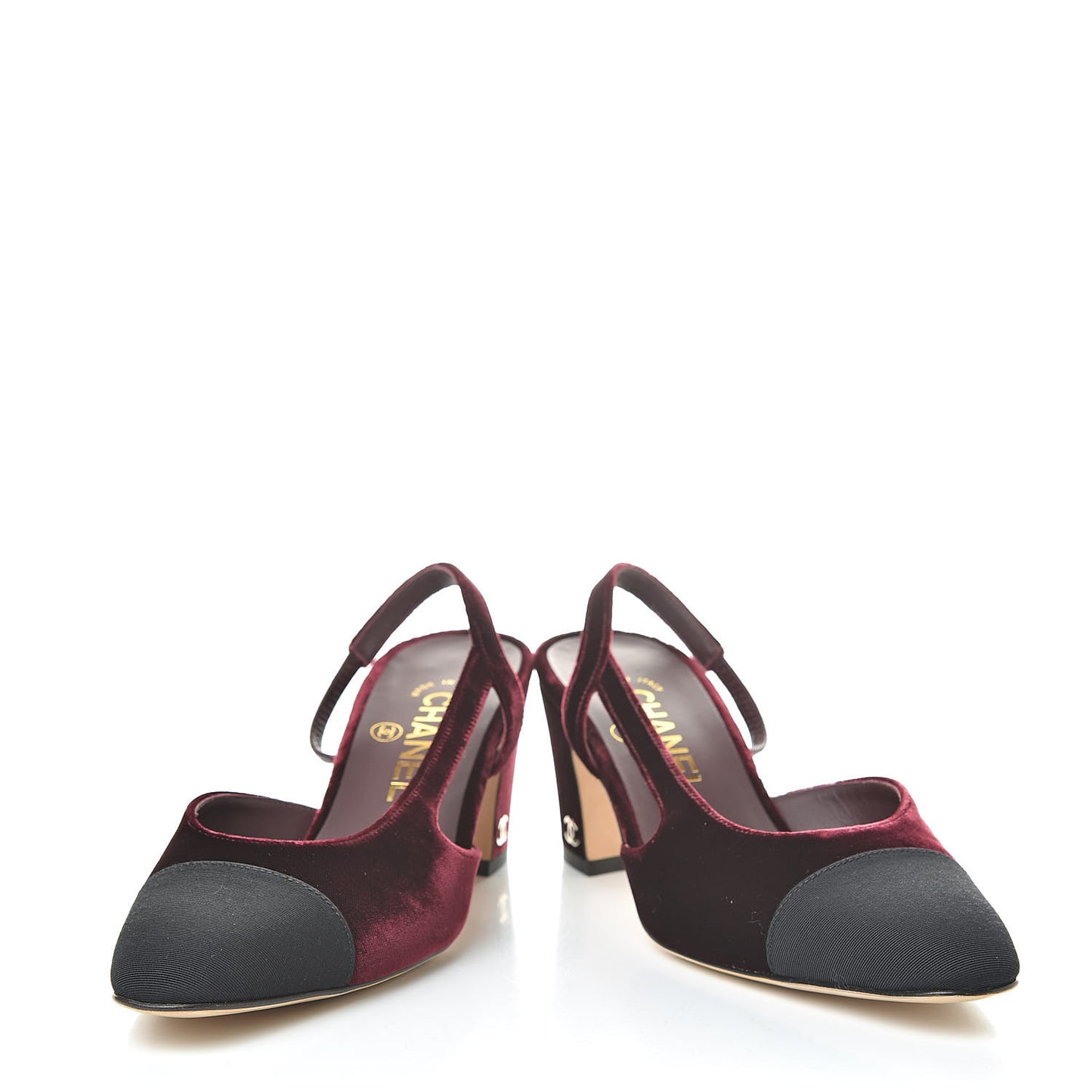 Velvet Grosgrain Cap Toe CC Slingback Pumps 37 Burgundy Black