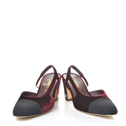 Chanel Velvet Grosgrain Cap Toe CC Slingback Pumps 37 Burgundy Black 6 of 10