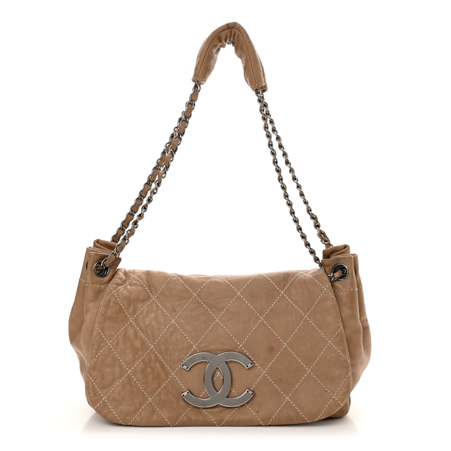 Lambskin Contrast Stitch Surpique Accordion Flap Beige