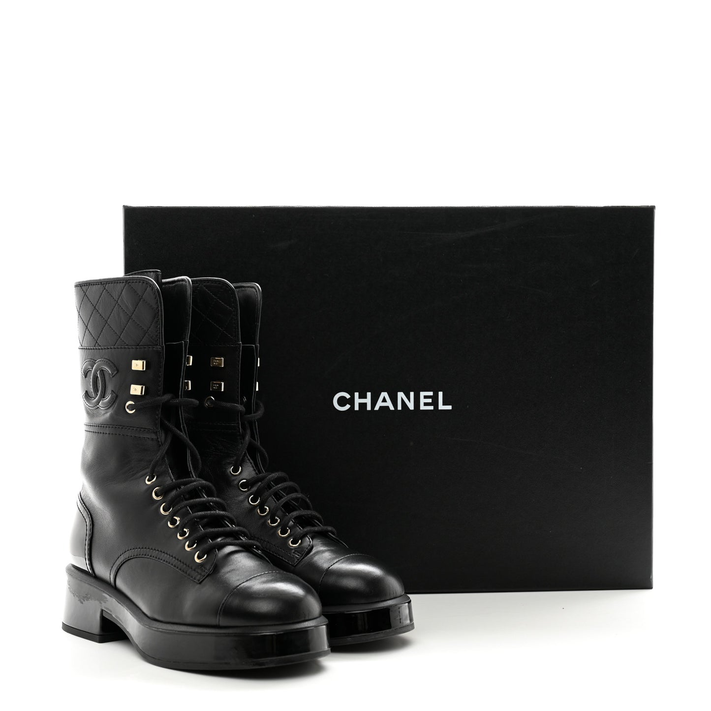 Lambskin Patent Calfskin Quilted CC Lace Up Combat Boots 37 Black