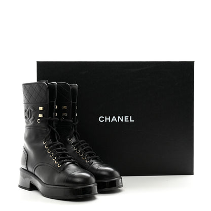 Chanel Lambskin Patent Calfskin Quilted CC Lace Up Combat Boots 37 Black 12 of 12