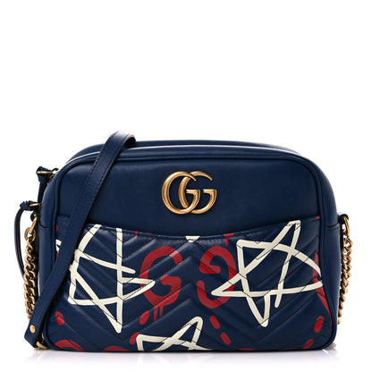 Gucci Calfskin Matelasse GucciGhost Medium GG Marmont Chain Shoulder Bag Blue Agata Hibiscus Red 1 of 14
