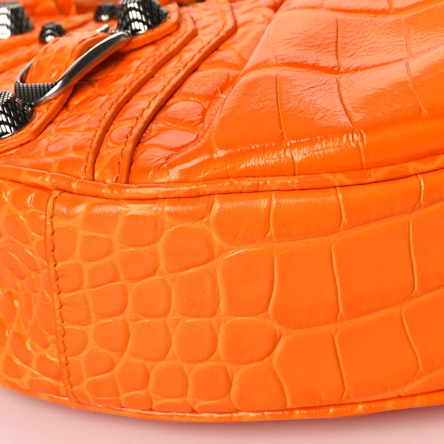 Extra Supple Calfskin Crocodile Embossed Le Cagole Shoulder Bag XS Pop Orange