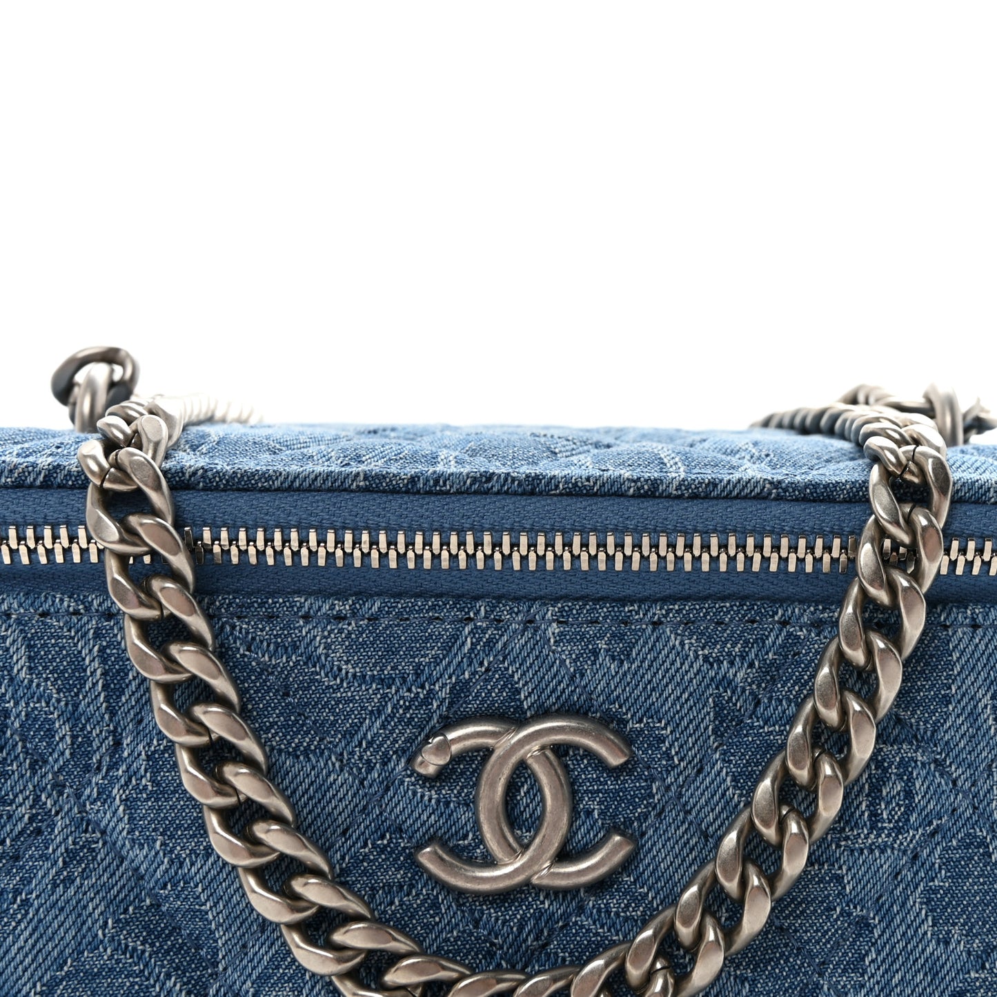 Denim Quilted Sweetheart Small Vanity Case With Chain Blue