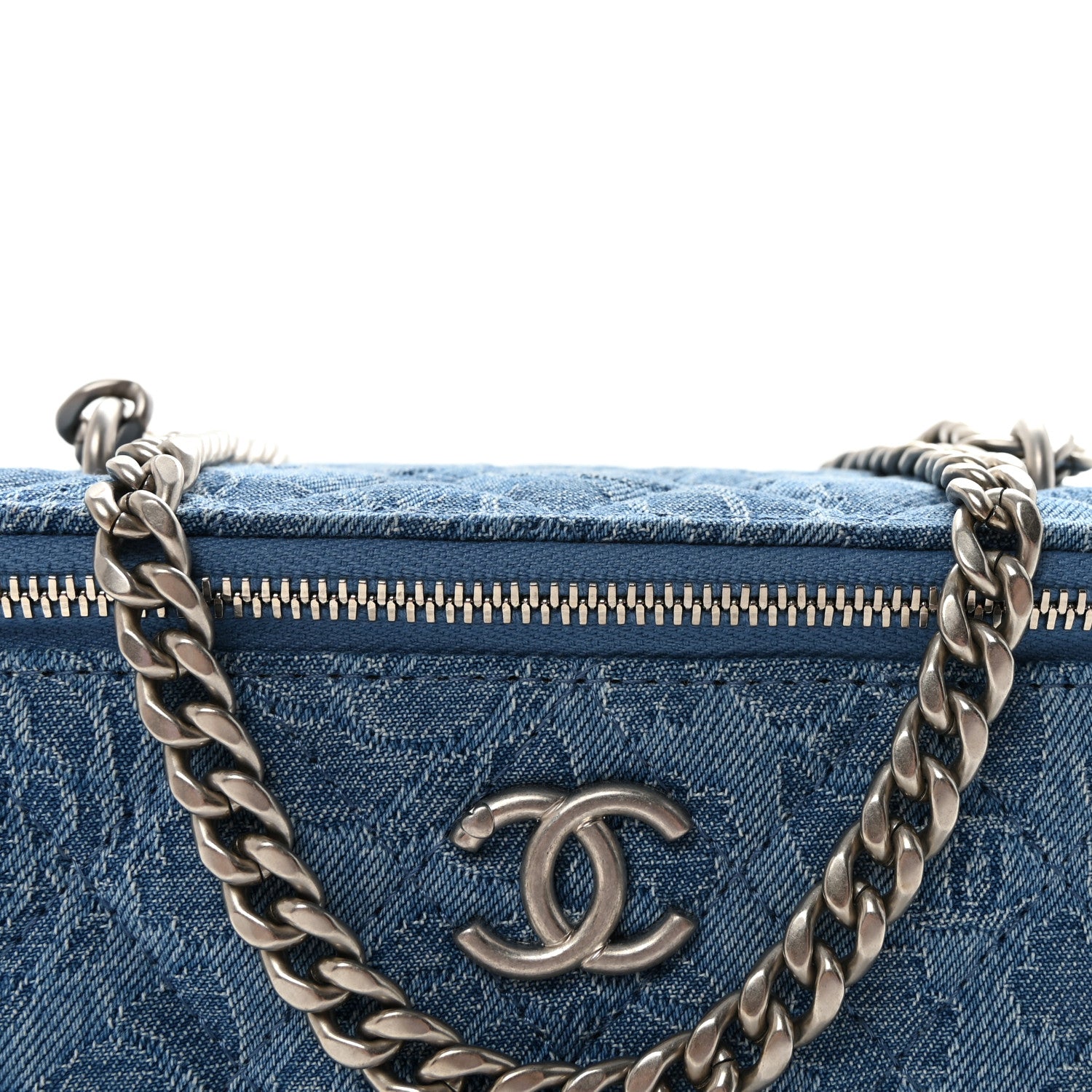Chanel Denim Quilted Sweetheart Small Vanity Case With Chain Blue 8 of 11