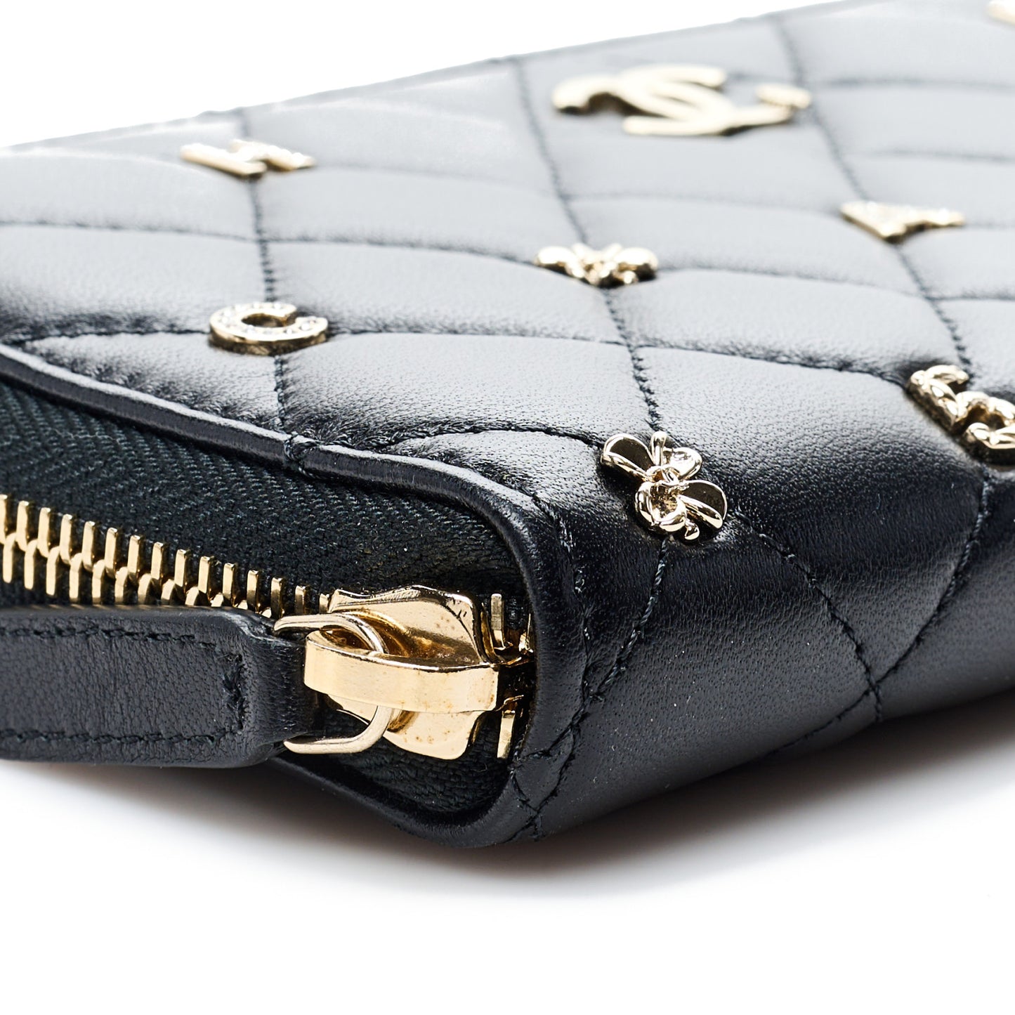 Lambskin Quilted All About Chanel Charm Zip Around Wallet Black