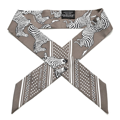 Hermes Silk Les Zebres Twilly Gris Taupe Black White 1 of 5