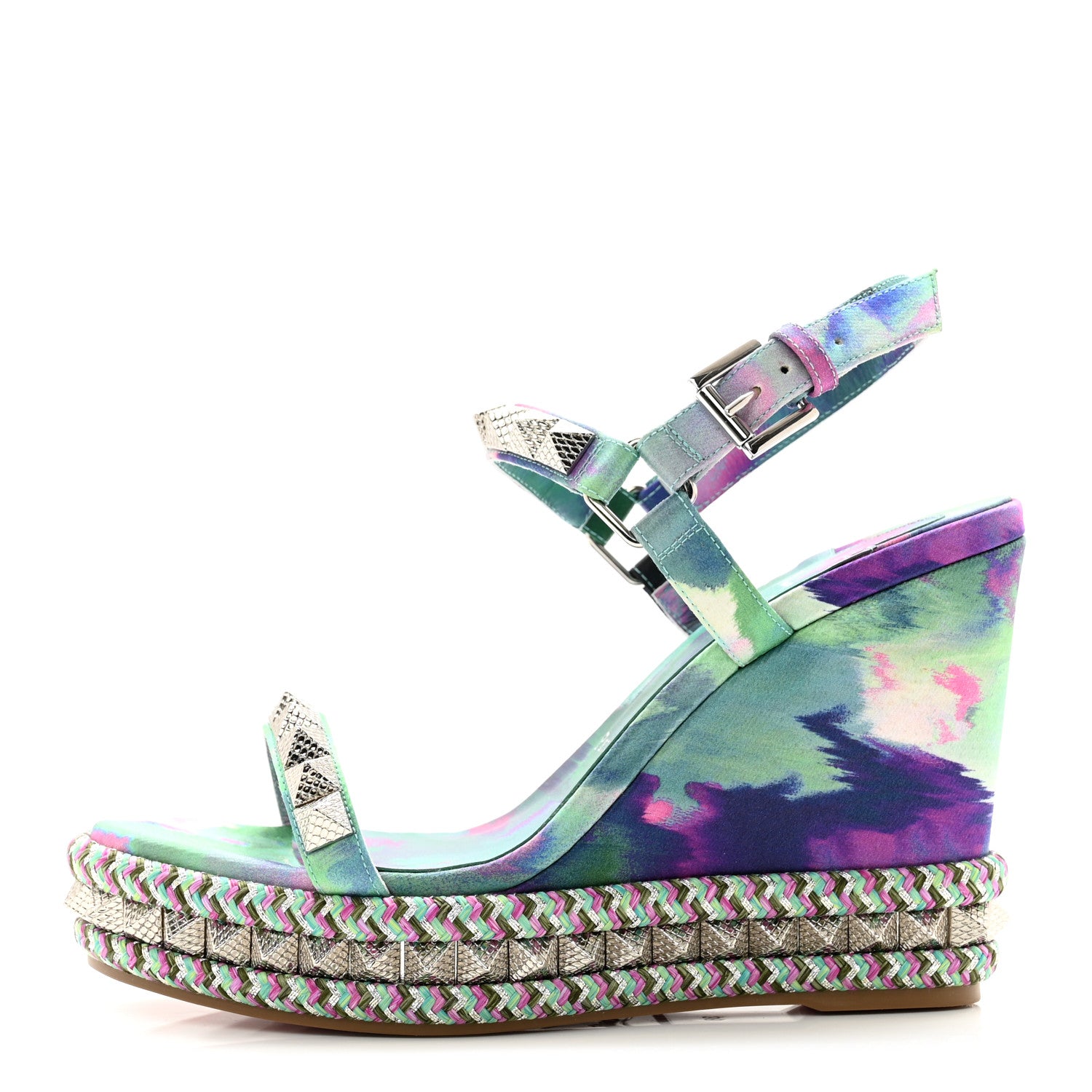 Christian Louboutin Silk Spike Studded Watercolor Pyraclou 110 Wedge Sandals 38 Green Fuschia 1 of 8