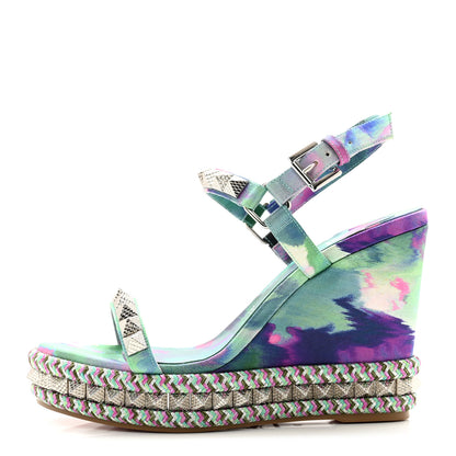 Christian Louboutin Silk Spike Studded Watercolor Pyraclou 110 Wedge Sandals 38 Green Fuschia 1 of 8