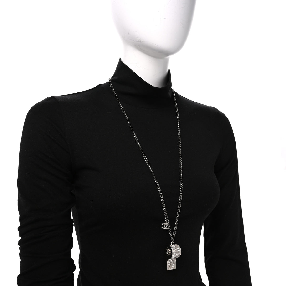 Chanel Crystal Baguette CC Whistle Pendant Necklace Silver 2 of 4