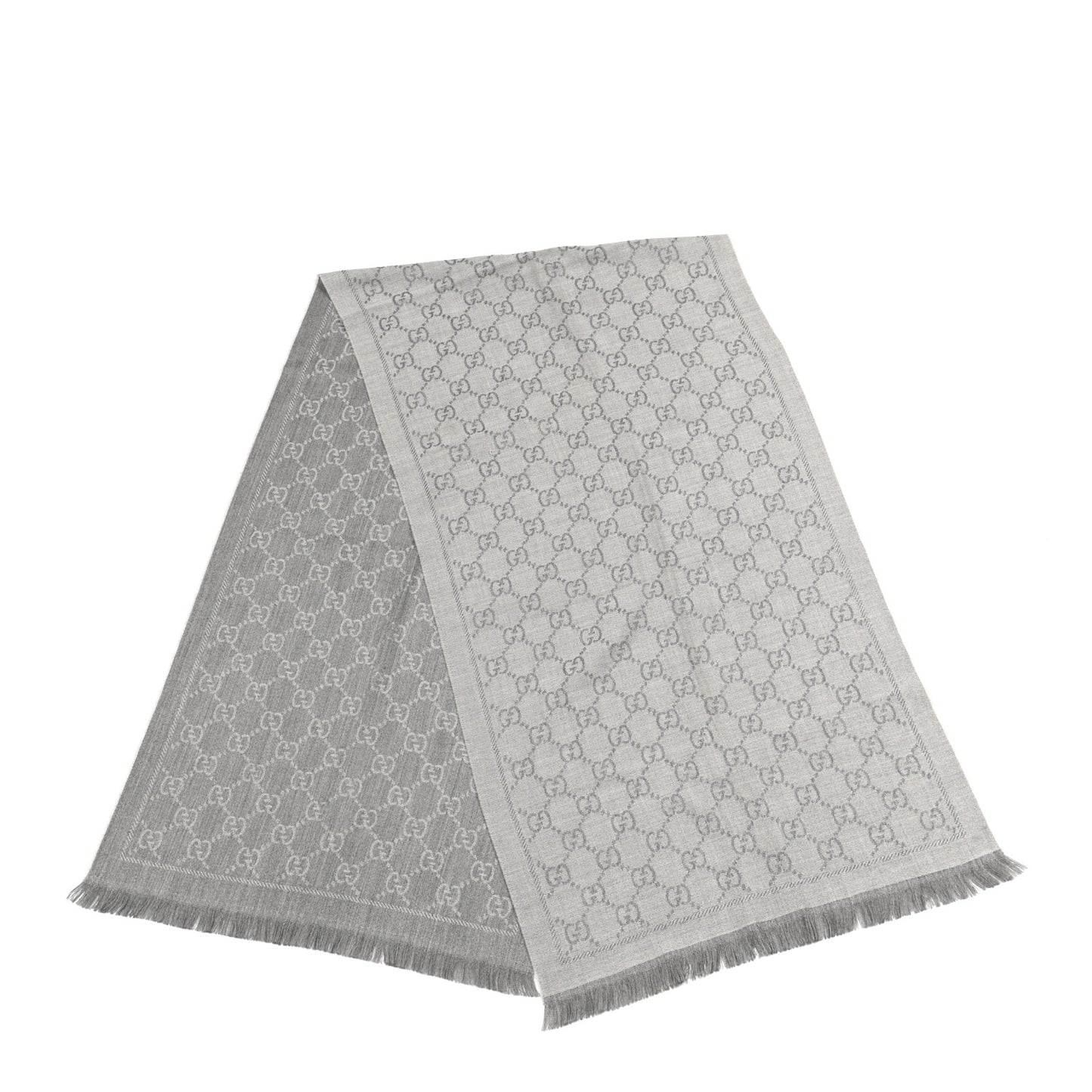 Wool Jacquard GG Monogram Sten Fringe Scarf Zinc Light Grey