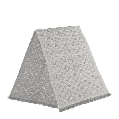 Gucci Wool Jacquard GG Monogram Sten Fringe Scarf Zinc Light Grey 2 of 4