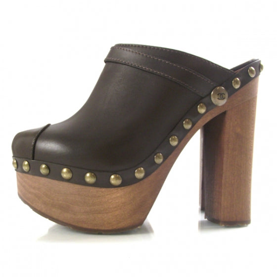 Leather Studded Clogs 38 Brown