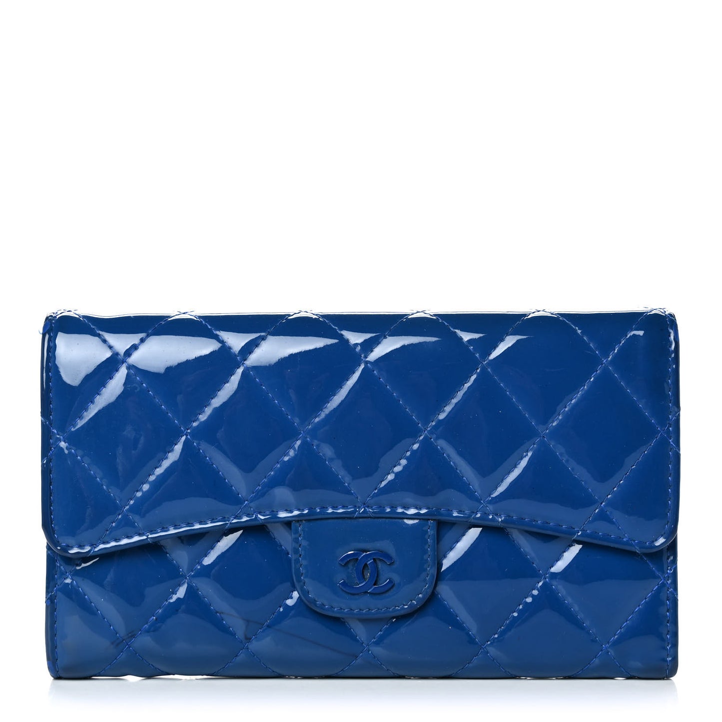 Patent Calfskin Quilted Large Flap Wallet Blue