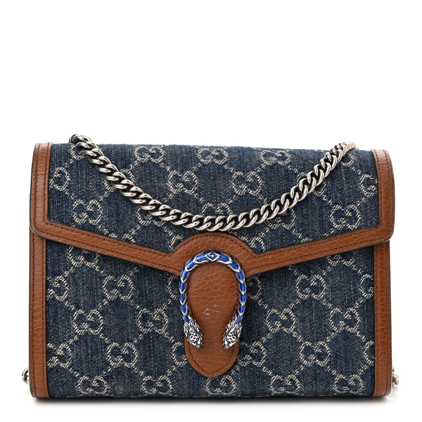 New Denim GG Monogram Dollar Calfskin Enamel Mini Dionysus Chain Wallet Blue Tea Cuir Epilog Electric Blue