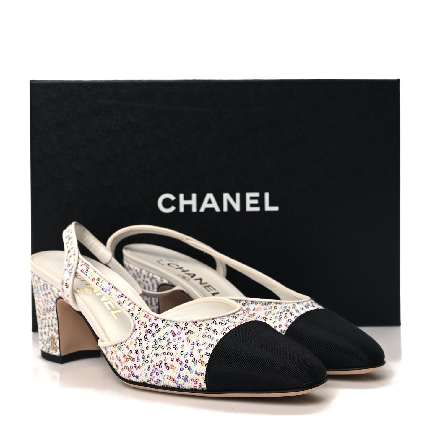 Tweed Lambskin Sequin Cap Toe CC Slingback Pumps 36.5 White Black Multicolor