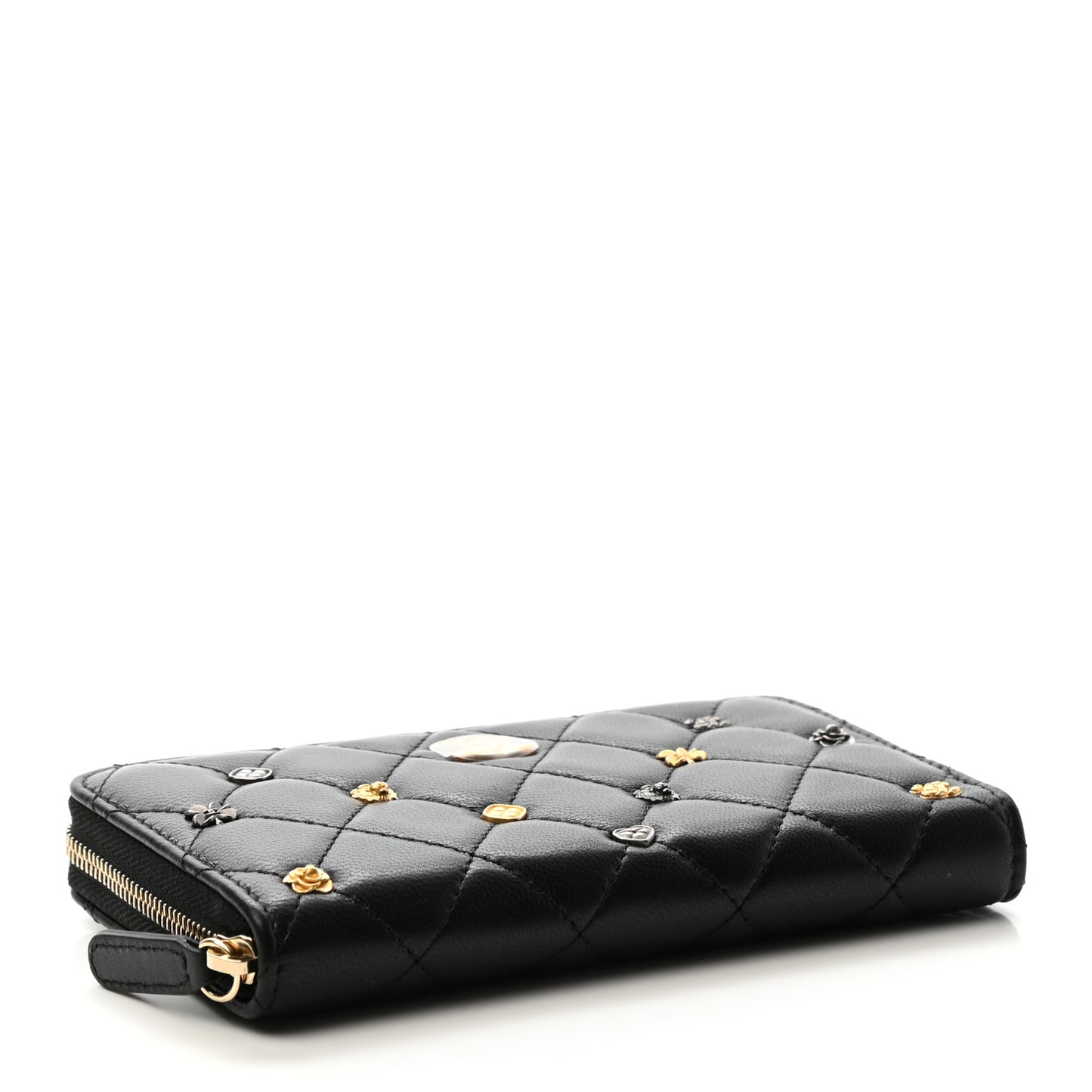 Lambskin Quilted Small Lucky Charms Zip Around Wallet Black