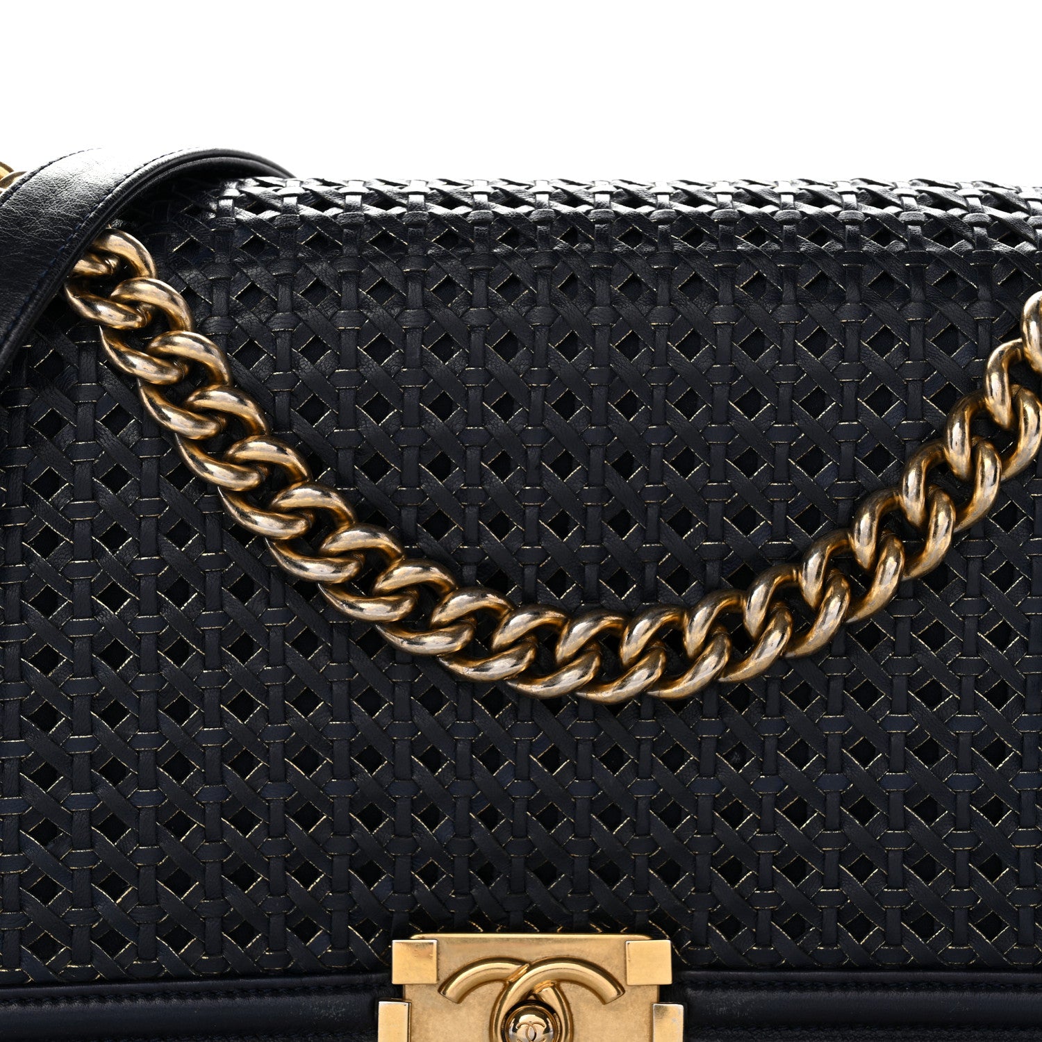 Chanel Lambskin Braided Woven Medium Boy Flap Navy Black 8 of 17