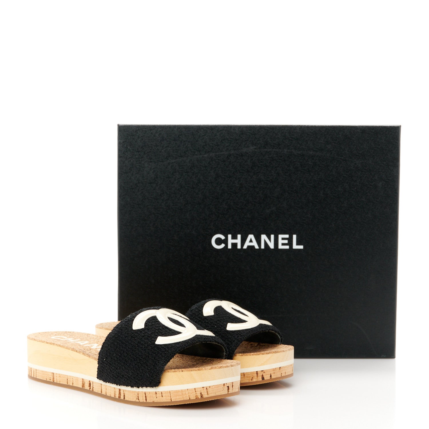 Chanel Tweed Cork CC Mule Sandal 37 Black 9 of 9