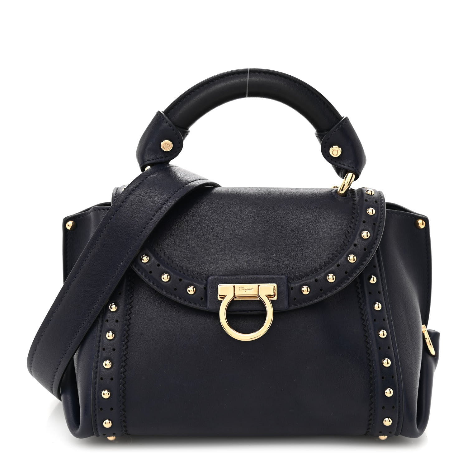 Salvatore Ferragamo Calfskin Studded Sofia Satchel Navy 1 of 9